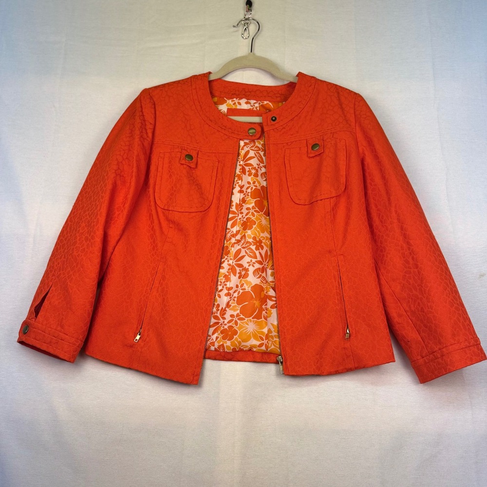 Anthracite Orange Textured Animal Print Zip Up Jacket Floral Lining Womens 8